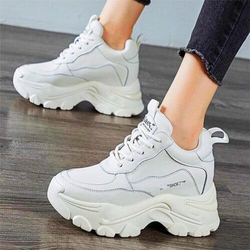 Increasing Height Fashion Sneaker Women Genuine Leather Platform Wedge Ankle Boots Round Toe High Heels Goth 34 35 36 37 38 39