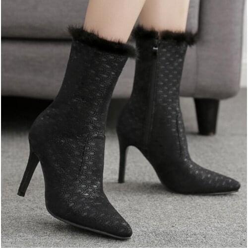 MHYONS Botines mujer 2019 invierno new fashion black ankle boots women real rabbit hair pointed side zip high heels boots furry