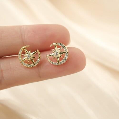 Creative Simple 925 sterling silver Moon Star Micro CZ Zircon Stud Earrings for Women Jewelry boucle d'oreille