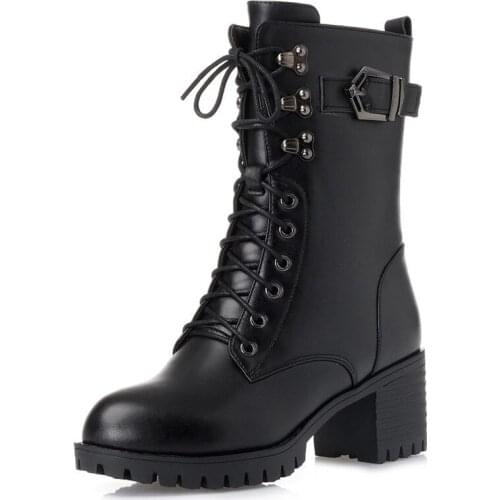 Thicken Warm Plush Winter Boots for Women 2020 High Heels Black Pu Leather Ankle Boots Woman Motorcycle Snow Boots Shoes