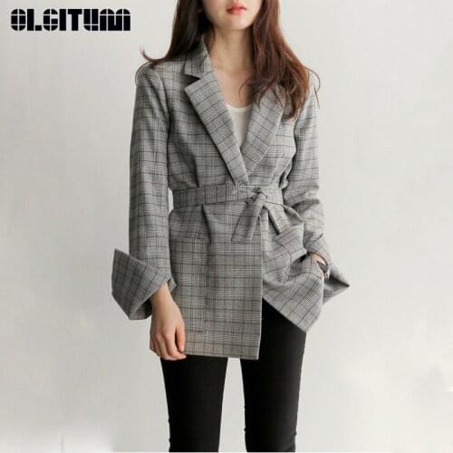 New Autumn/Spring S-XL Women OL Commuter Split Cuff Plaid Blazer with Pocket Bow Belt 2020 Elegant Long-sleeved Outwear Khaki