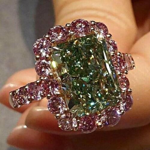 Popular Pink Crystal Green Zircon Geometric Ring For Women Engagement Wedding Party Rings Jewelry Accessories Size 6-11