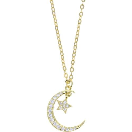 100% 925 sterling silver dainty Classic bling Cz Paved Star Moon Pendant Necklace For women Lady Charm Wedding Jewelry wholesale