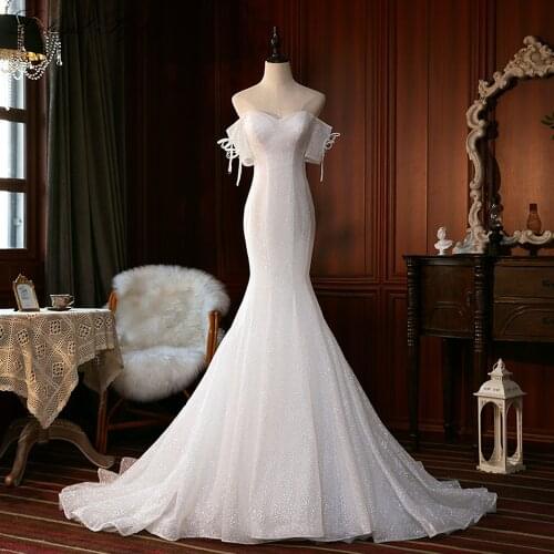 Lceland Poppy Boat Neck Shiny Tulle Mermaid Wedding Dresses Off the Shoulder Short Sleeves Floor Length Bridal Gowns Sweep Train