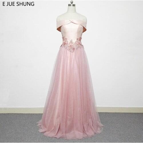 E JUE SHUNG Pink Long Evening Dresses 2018 Off The Shoulder Lace Appliques Beaded Prom Dresses Long Formal Dresses abendkleider