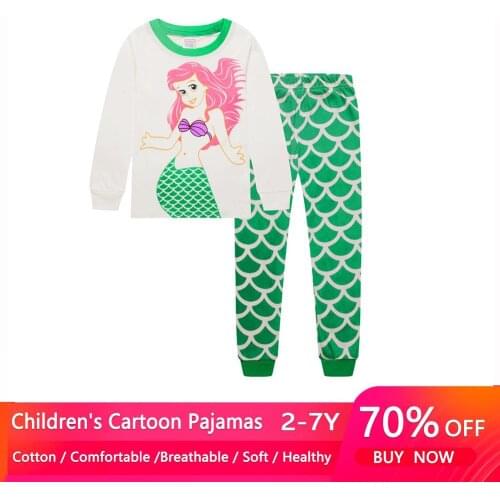 2PCS Children Casual Pajamas Clothing Set Boys Girls Cartoon Sleepwear Suit Elsa Anna Princess Sets Kids Cotton Mermaid Pjamas