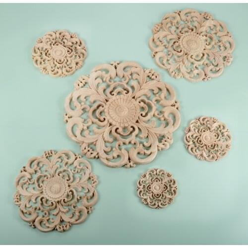 1pc Round Flower Wood Carving Decal Unpainted Disc Onlay Decor Door Furniture Symmetrical European Court Exquisite Vintage Style