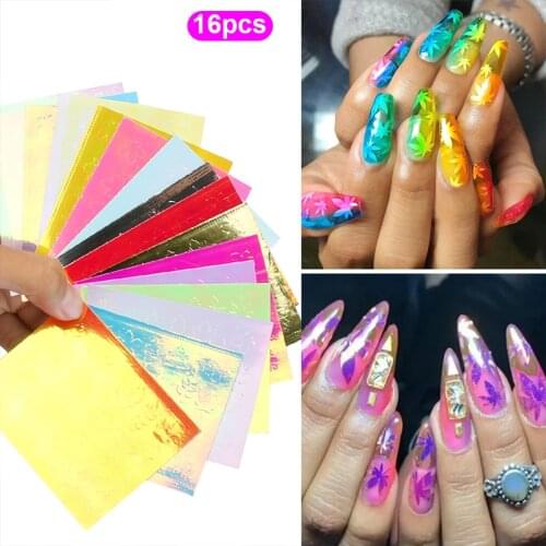 16pcs/lot Holographic Nail Sticker Maple Leaf Self Adhesive Decal Thin Laser Stripe Sticker Diy Nail Foil Nail Art Sticker