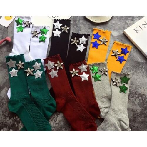 2018 New Glitter Socks Rhinestone Sequins Five-pointed star Fashion korea Socks Shiny Harajuku Soft Ladies Socks Elastic Hosiery