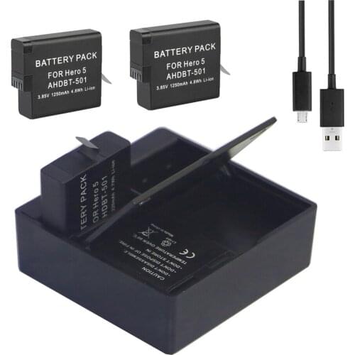 4Pcs 1250mAh AHDBT-501 Gopro hero5 Hero6 Batteries + USB Dual Box Charger for Gopro Hero 5 6 Action camera AHDBT 501 AHDBT-501