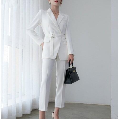White Womens Suits 2 piece set Women Elegant Pants Suit Female New Career Office Casual Suits Double Breasted Blazer+Pencil Pan
