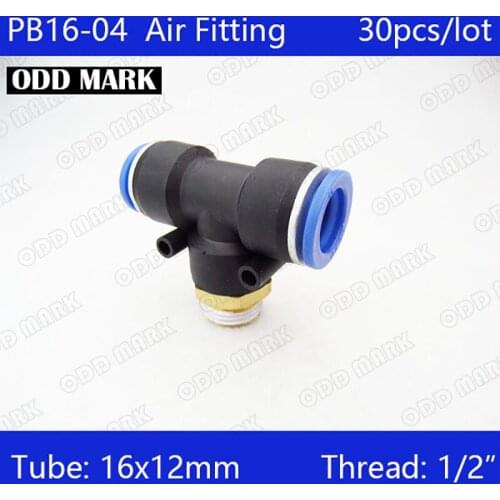 Free shipping HIGH QUALITY 30Pcs PB16-04, Pneumatic 1/2" Male Thread 16mm Push In Quick Fittings T Connectors