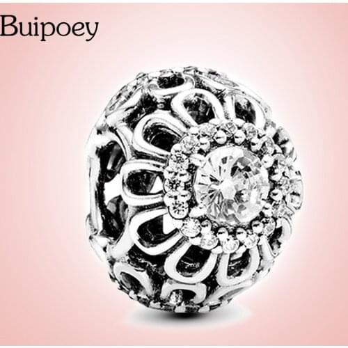 Buipoey 1pcs Silver Plated Shining Zircon Flower Beaded Charm Fit Brands Bracelets Original Necklace Accessories Diy Jewelry