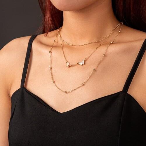 Butterfly Pendants Exquisite Necklace Multi-layer Long Chain Choker Handmade Retro Design Simple Bead Chain Necklaces for Women