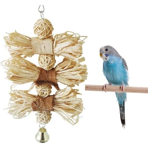 Bird Parrot Toy Wooden Raffia Grass Birds Chew Bite Hanging Cage Swing Climb Chew Toys with Bell Natural Loofah Vine Parrot Toys