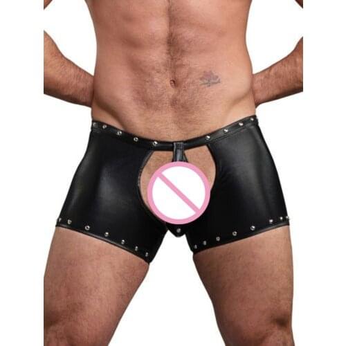 Exotic Gay Open Crotch Hipless Shorts Adult Man Faux Leather Fetish Sex Lingerie Short