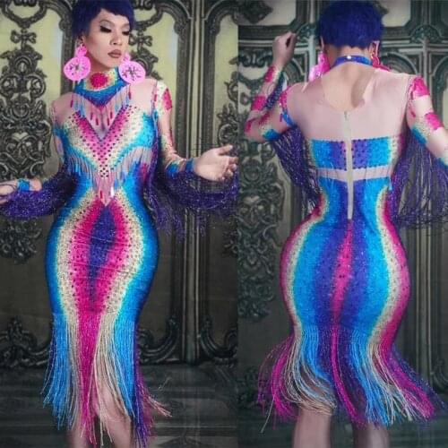 Rainbow Dress Rhinestone Fringe midi Dress for women tight sexy Evening birthday party club Spandex Tassel Costume celebrity bar