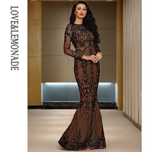 LOVE&LEMONADE Sexy Black Round Neck Retro Geometric Embroidery Bodycon Long Sleeve Maxi Dress LM6496-10