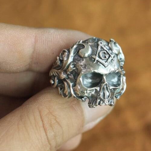 Masonic Skull Ring 925 Sterling Silver Mens Biker Punk Ring TA116 US Size 7~15