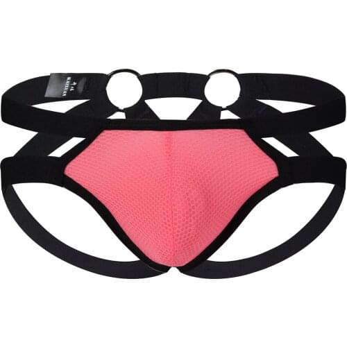 Men Mesh Jockstrap Underwear G String Sexy Thong Bondage T-back Penis Pouch Hollow Lingerie Elastic Thongs Metal Ring Underpants
