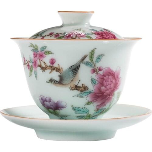 Chinese Handmade Kung Fu Tea Set Hand-painted San Cai Gaiwan Porcelain Tureen Cups Set Ceramic Tea Bowl with Saucer