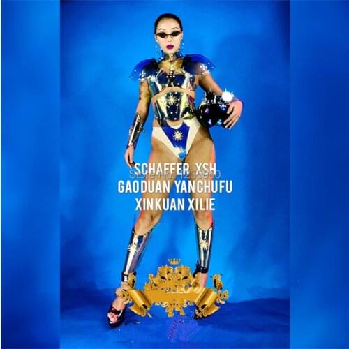 Nightclub Female Space Laser Mirror Women Armor Sexy Lady Dance Team Suit With Mirror Helmet Stage Performance Ballroom Clothes