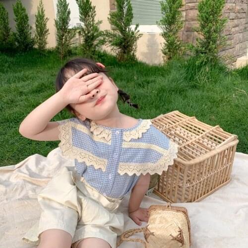 Summer New Arrival korean style girls blouse plaid matching with lace princess sweet shirt all-match for cute baby girls