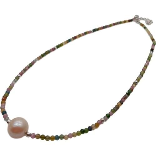 Rainbow Necklace Small Stone Natural Multi Color Tourmaline Pink keshi Pearl Choker Necklace clasp