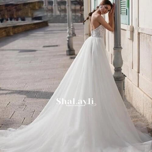 Luxury Mermaid Wedding Dresses Sleeveless Tulle Detachable Train 2 In 1 Lace Applique Wedding Gowns Spaghetti Straps Tailor-Made