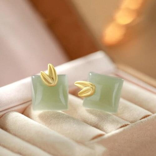 Natural Hetian Jade Gray Jade Stud Earrings S925 Sterling Silver Bamboo Leaf Stud Earrings Popular Stylish Simple All-Matching G
