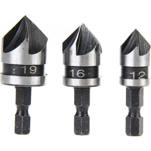 3Pcs 1/4 Hex Shank Countersink Drill Bit 90 Degree 5 Flute 12-19mm Woodworking Chamfer Counter Sink Chamfering Debur Tool Set