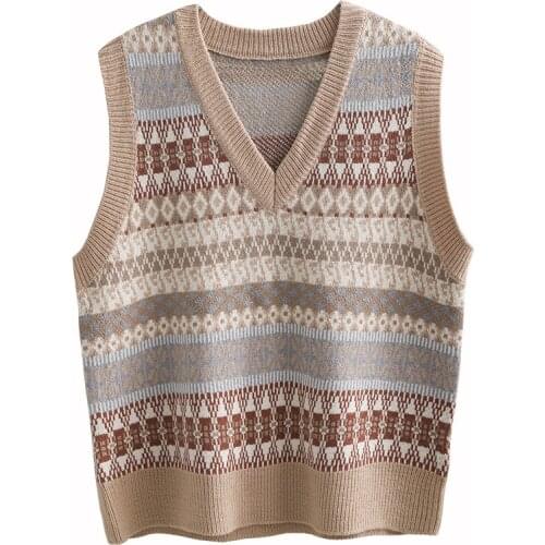 Loose Oversized Tops Autumn Basic Vintage Pullovers Female Street Wear Geometric Knitted Vest Sleeveless Sweater Women Jumper