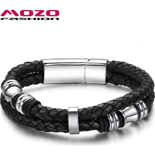 Hot Brand Jewelry Mens Bracelets Black Leather Rope Chain Stainless Steel Magnetic Buckle Bangles