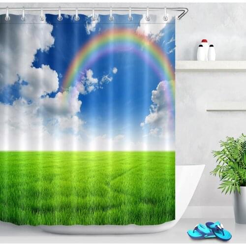 Green Grassland Landscape Bathroom Shower Curtain Blue Sky White Clouds Rainbow Scenery Polyester Fabric Bath Curtains Decor Set