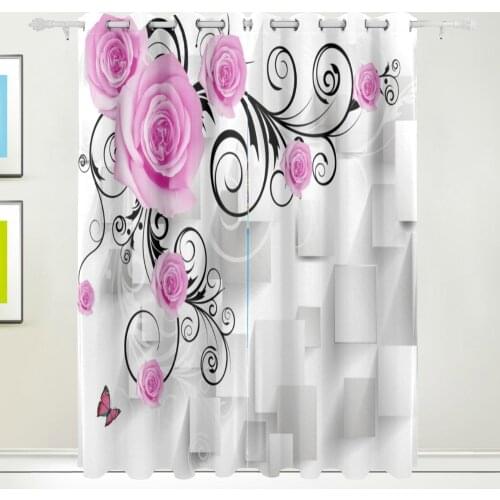 Curtains Modern Floral Decor Pink Roses Kosmeya Living Room Bedroom 2 Panels Set White Beige 213*140cm