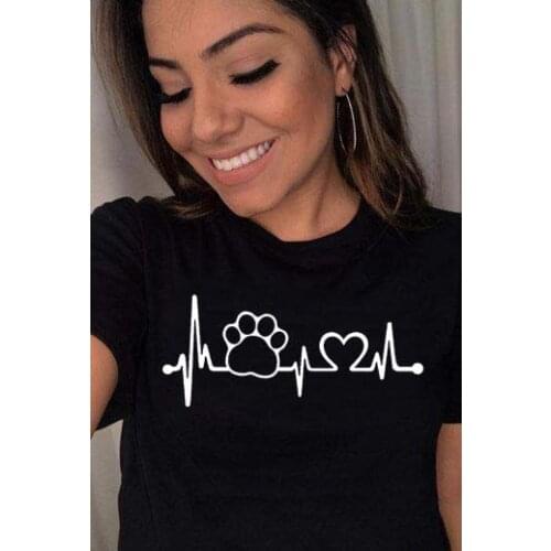 Paw Heartbeat Lifeline Women Tshirt Dog Paw Printed O-Neck Short T-Shirts Pink Black Top Shirts Girl Younger Love