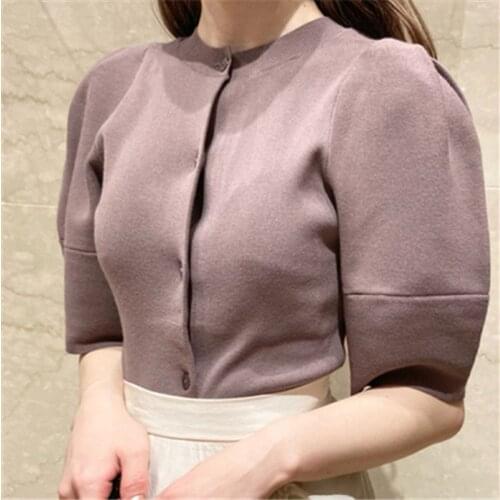 2021 New Elegant Solid Women Blouses Sweet Puff Sleeve Single Breasted Knit Cardigan Elegant Fashion All-match Loose Top