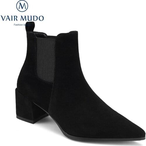 VAIR MUDO Women Ankle Boots Shoes Black Brown Chelsea Boots Round Toe Women Shoes Female Elegant Lady Concise WM-X208-C