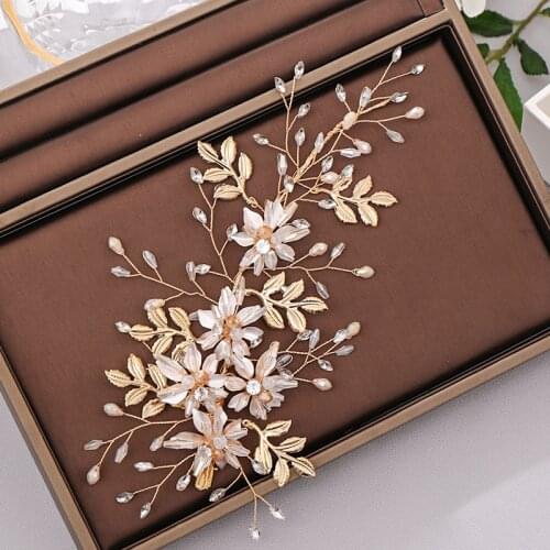 Wedding Hair Accessories Gold Flower Hairgrips Crystal Leaves Tiara Headbands Bridal Hairbands Women Head Jewelry High Quality