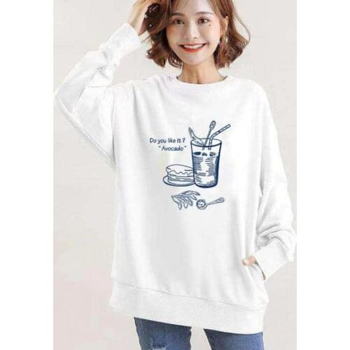 Cotton Sweatshirt Women Hoody Loose Long Sleeve O Neck Tops Avocado Coke Print Spring Autumn Thin New Fashion Pullover White