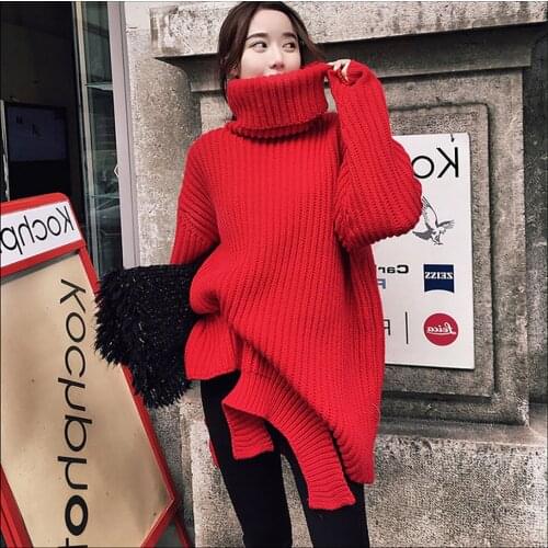 Fall Winter Womens Turtle Neck Medium Length Irregular Design Knitted Sweater Pullover