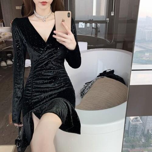 Real Shot 2020 New Fashion Autumn And Winter Temperament Womens Ruffled V-Neck Primer Gold Velvet Dress