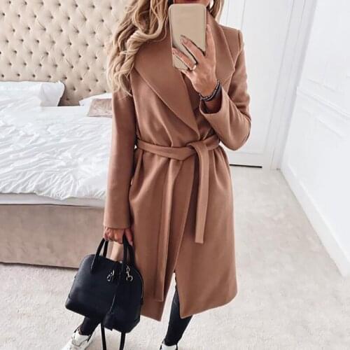 2021 Womens Elegant Long Wool Coat Suit Collar With Belt Korean Style Fashion Woolen Retro Suit Lace-up Cotton Warm Coat Spring