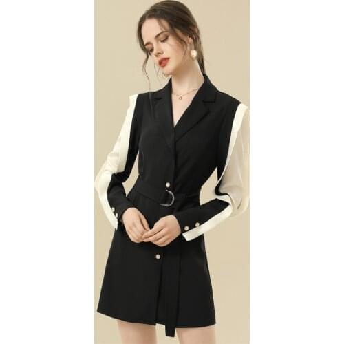 Women Long Sleeve Slim Fit Versatile Medium Length Dress 2021 Spring New Splicing Suit Collar Single Breasted High Waist