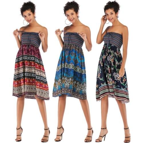 Leosoxs 2021 Summer Womens Fashion Sexy Print Slash Neck Off Shoulder Sleeveless Patchwork Backless Elastic Waist Dress Ladies