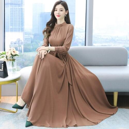 2021 spring new temperament waist slim slimming over knee solid color chiffon long sleeve dress beach dress