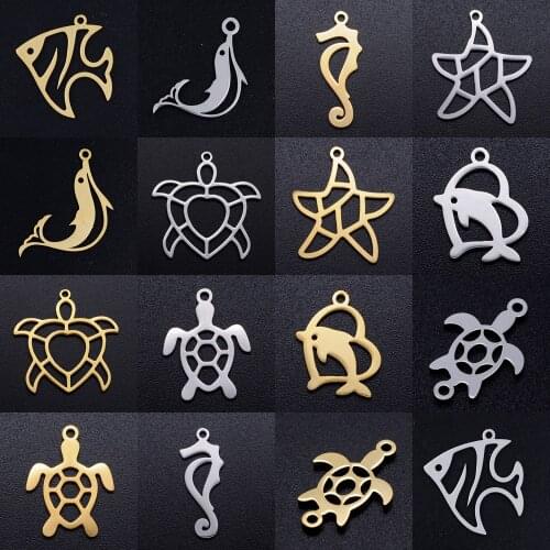 5pcs/lot Sea Animal Turtle DIY Charms Wholesale 100% Stainless Steel Starfish Pendant Heart Dolphin Fish Connectors Charm