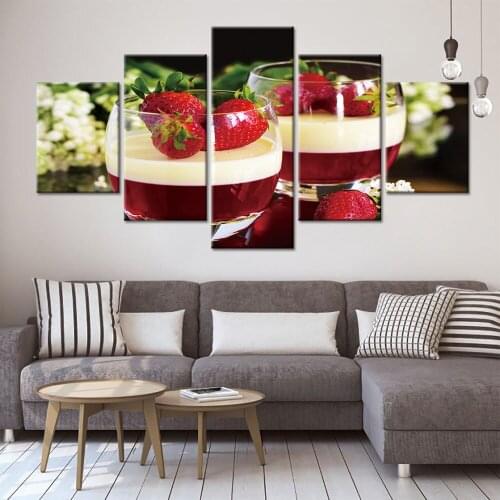 5 Pieces Print and Posters Red Wine Glass Canvas Painting Strawberry Picture Dining Room Kitchen Modern Home Decor Wall Art