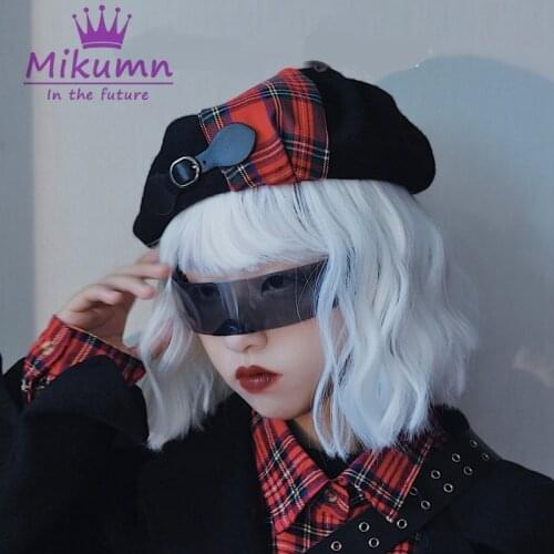 Punk Rock Plaid Beret Hats Dark Black Harajuku Autumn Winter Warm Women Girl Woolen Beret Cap Boina Feminina