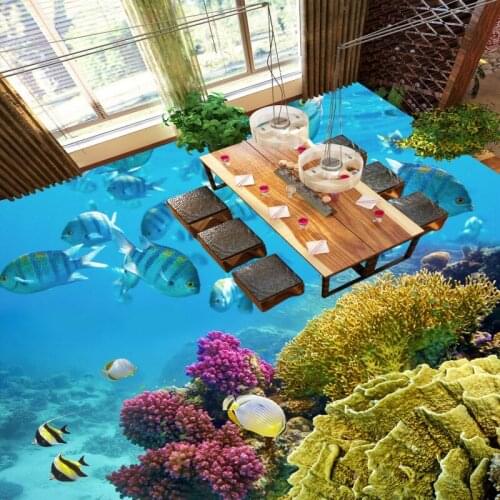 Free Shipping Beauty Tropical Fish Coral Toilet Bedroom 3D Floor thickened wear non-slip living room kitchen flooring mural